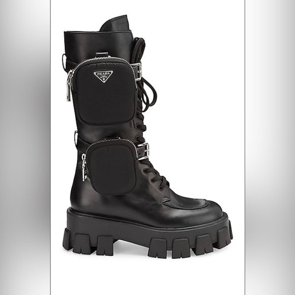 Prada Monolith Lug-Sole Tall Leather Combat Boots 40 - Picture 1 of 9